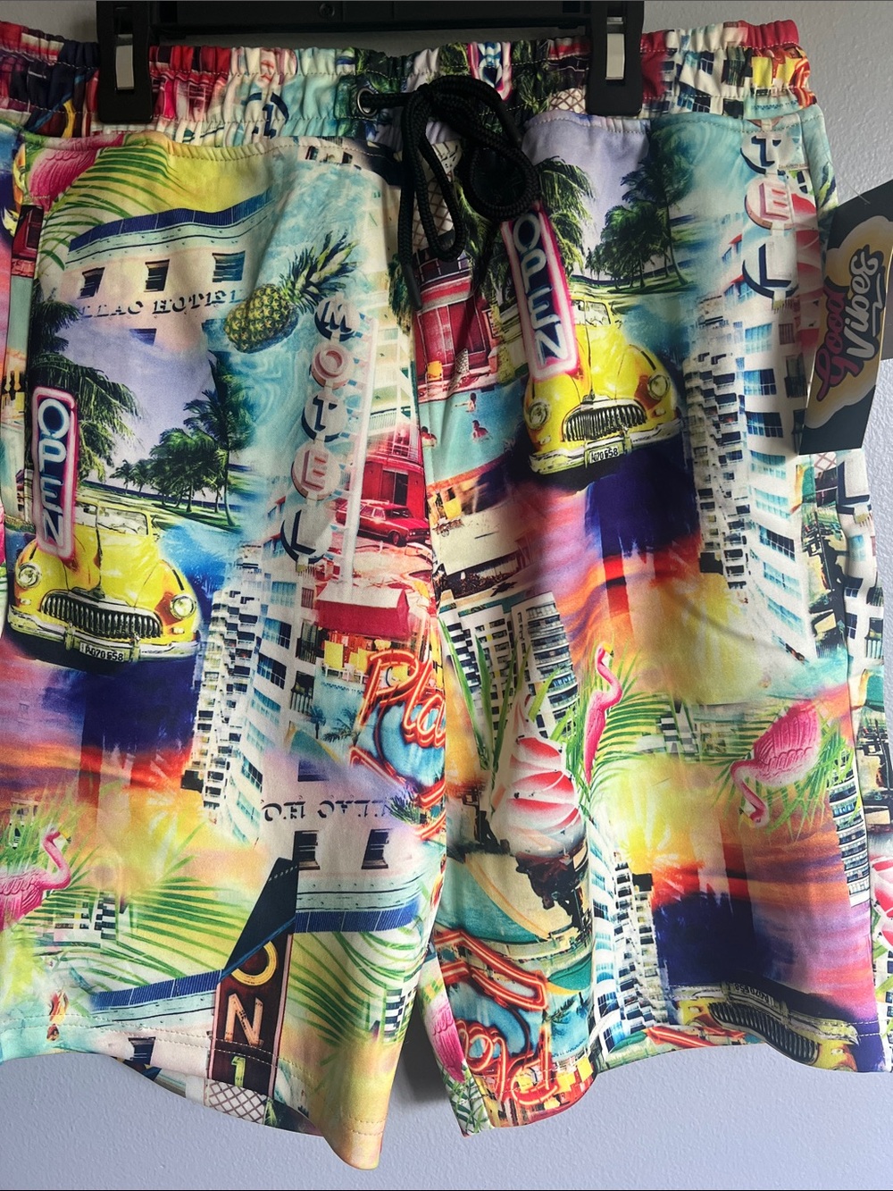 Vibed Miami Print Men's Athletic Swim Shorts - Multicolor